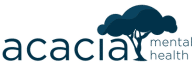 The logo for Acacia Mental Health, with the word 'acacia' in lowercase blue letters and a graphic of an acacia tree above, symbolizing the shelter and strength in mental health care.