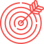 A red line drawing of an archery target with an arrow in the center bullseye, symbolizing precision, goal achievement, and success.