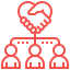 An icon of three stylized human figures linked by dotted lines under a handshake in the shape of a heart, representing collaboration and unity.